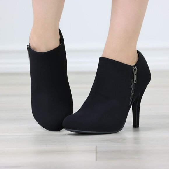 Heeled Ankle Booties Round Toe Stiletto High Heel Velvet Black Side Zipper - Picture 5 of 11